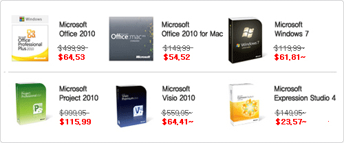 Microsoft Office 2010(: 64.53), Microsoft Office 2010 for Mac(: 54.52), Microsoft  Windows 7(: 61.81~), Microsoft  Project 2010(: 115.99), Microsoft Visio 2010(: 64.41~), Microsoft Expression Studio 4(: 23.57~) 